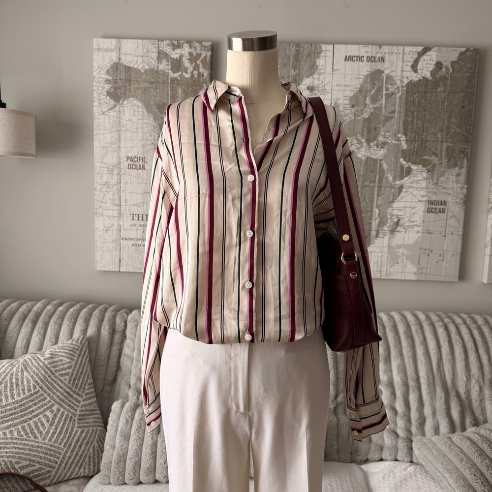 Highline Collective‎ Womens Striped Button Down Satin Blouse Cream Burgundy S